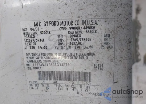 2003 Ford F-350 Lariat/Xl/Xlt from USA, damaged, VIN 1FTSW31P63ED14375